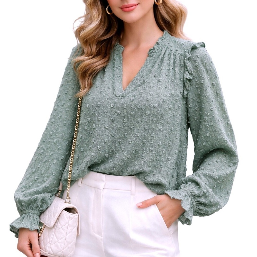 Democracy Boho Textured Dot Ruffle V Neck Long Sleeve‎ Blouse Plus Size 2X Green
